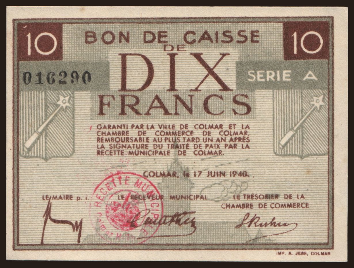 Colmar, 10 francs, 1940