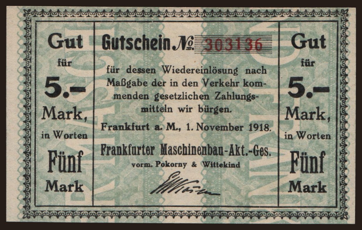Frankfurt/ Frankfurter Maschinenbau A.G., 5 Mark, 1918