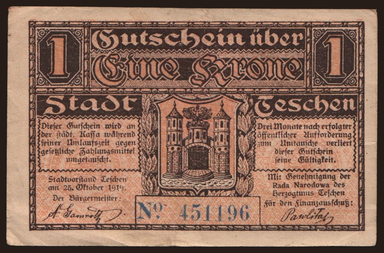 Teschen, 1 Krone, 1919