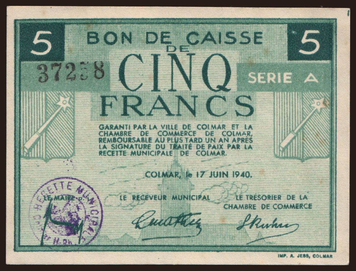 Colmar, 5 francs, 1940
