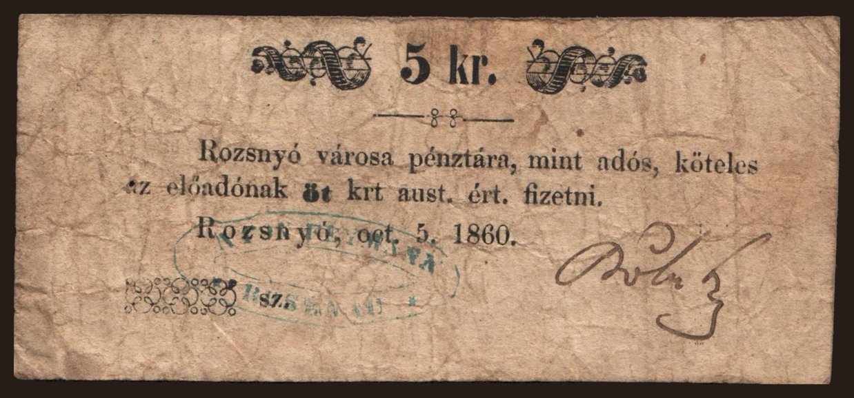 Rozsnyó, 5 krajcár, 1860