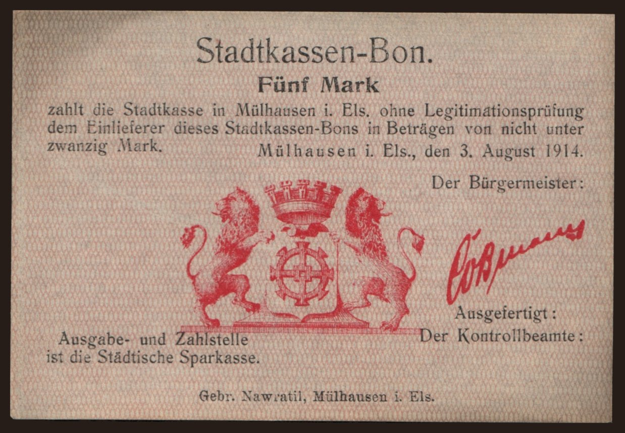 Mülhausen/ Stadtkasse, 5 Mark, 1914