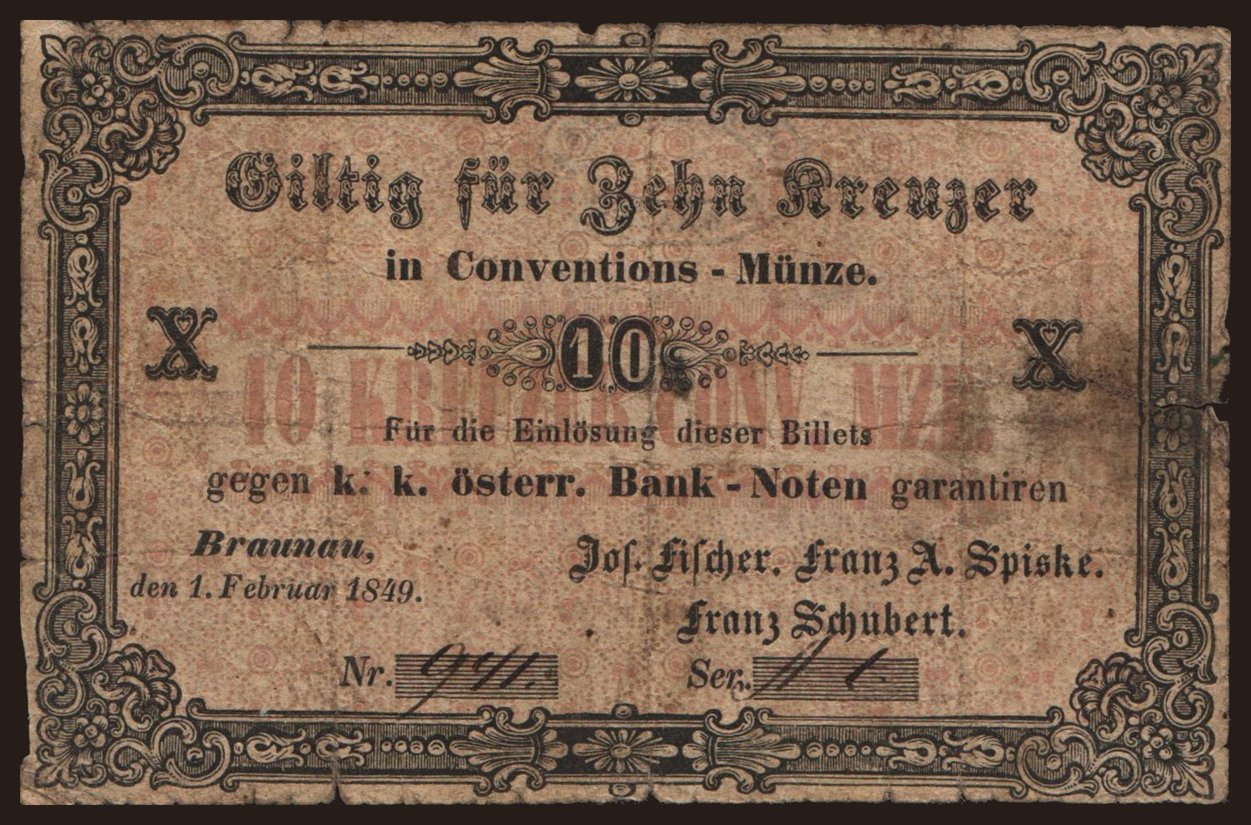 Braunau/ Fischer, Spiske, Schubert, 10 Kreuzer, 1849