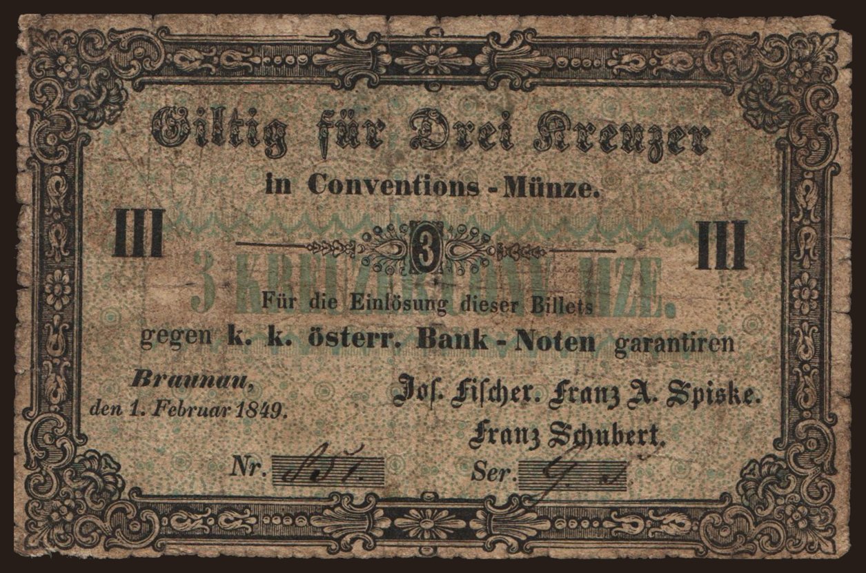 Braunau/ Fischer, Spiske, Schubert, 3 Kreuzer, 1849