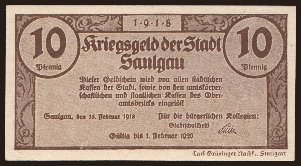 Saulgau, 10 Pfennig, 1918
