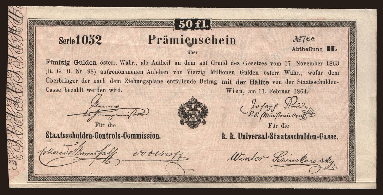 Prämienschein, 50 Gulden, 1864