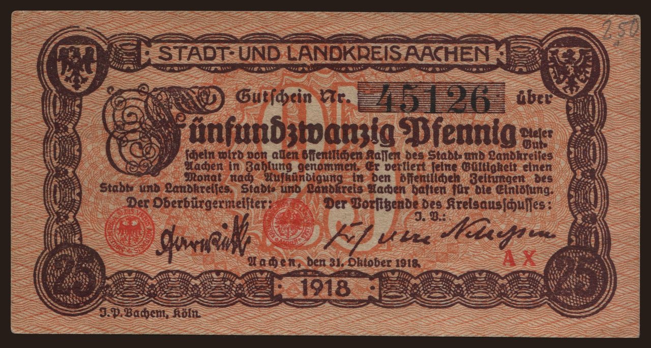 Aachen, 25 Pfennig, 1918