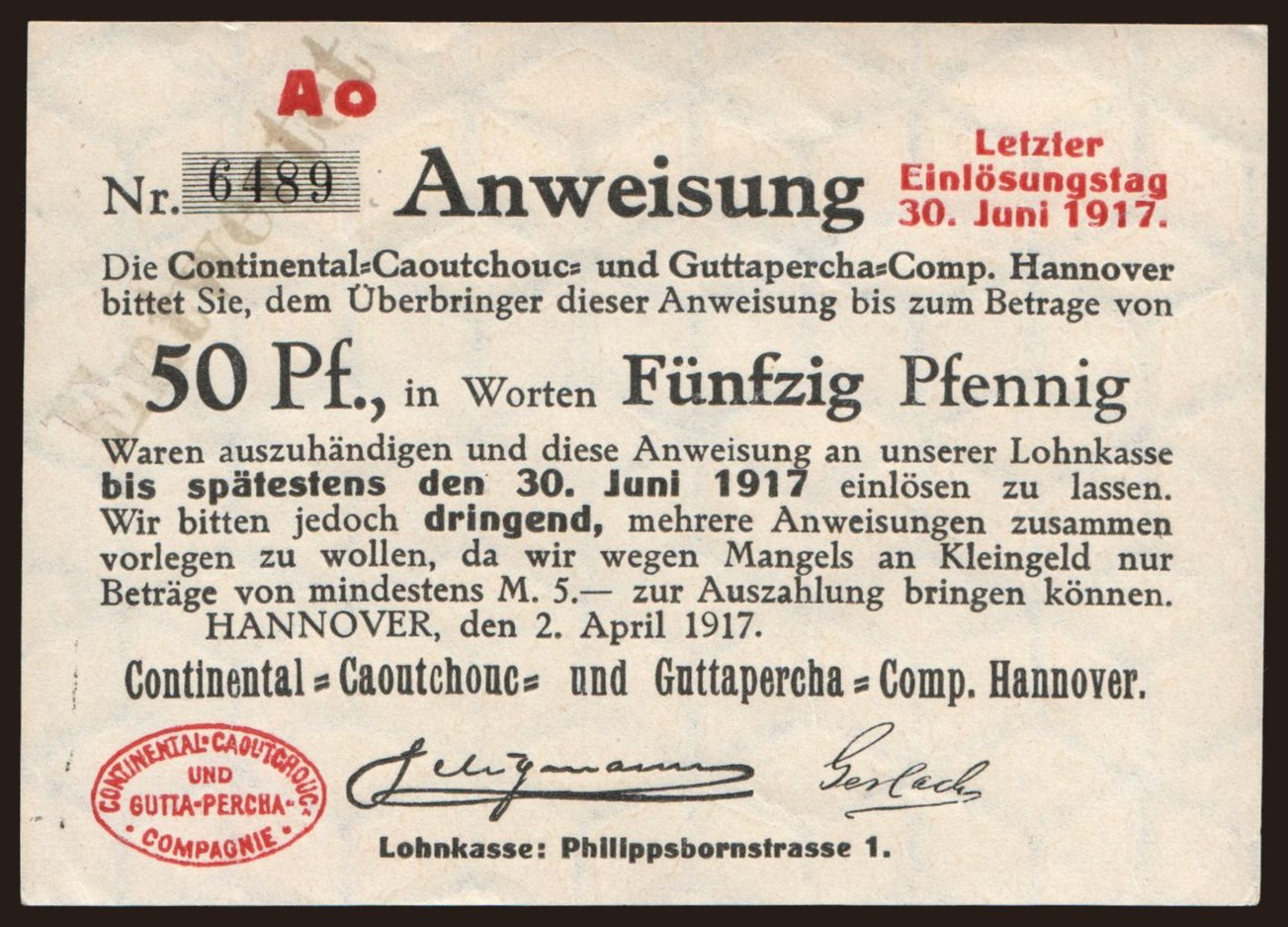 Hannover/ Continental-Caoutchouc- u. Gutta-Percha-Co., 500 Pfennig, 1917