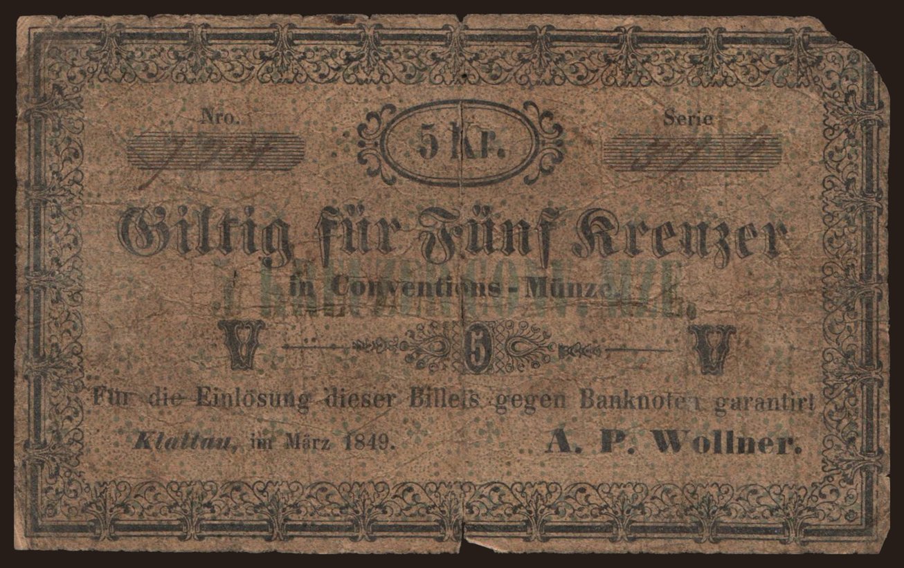Klattau/ A. P. Wollner, 5 kreuzer, 1849