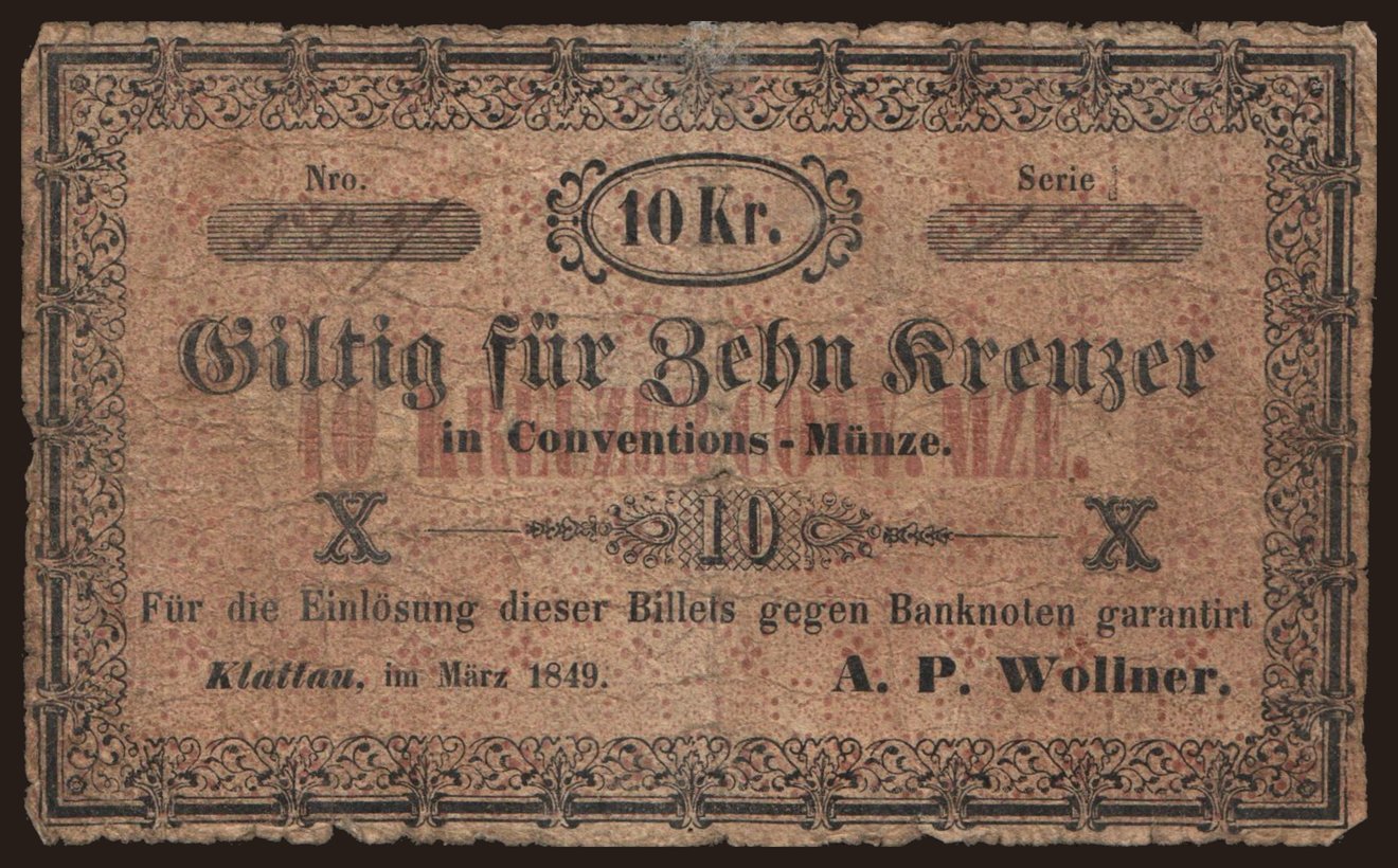 Klattau/ A. P. Wollner, 10 kreuzer, 1849