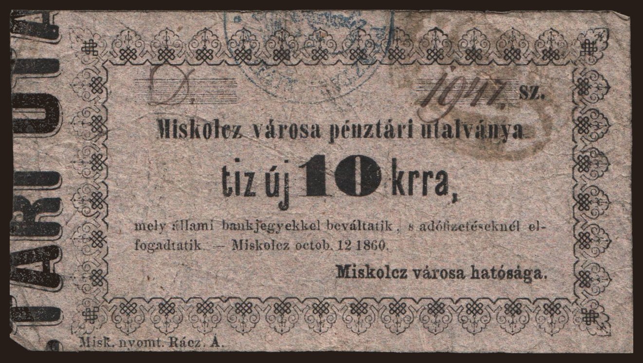 Miskolc, 10 krajcár, 1860