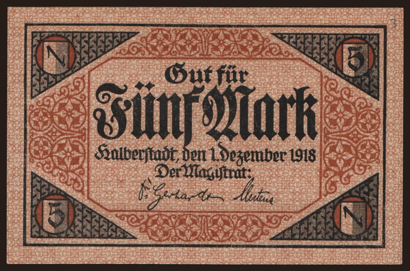 Halberstadt/ Stadt, 5 Mark, 1918