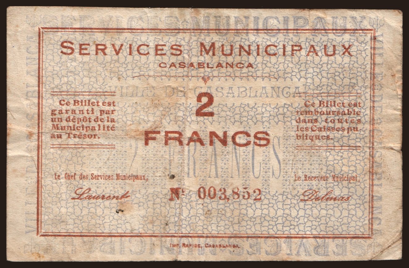 Casablanca, 2 francs, 1919