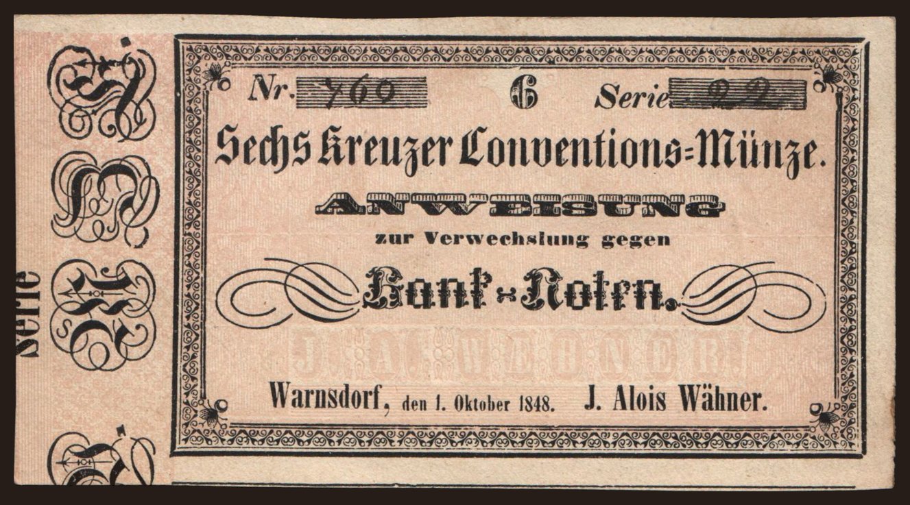 Warnsdorf/ J. Alois Wähner, 6 Kreuzer, 1848