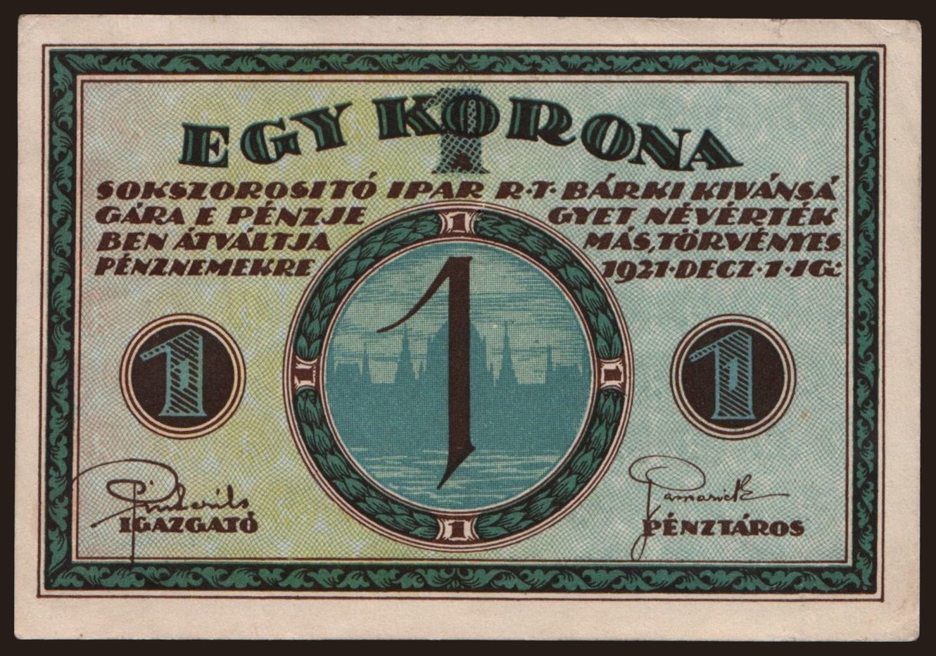 Budapest/ Sokszorosító Ipar R.T., 1 korona, 1921