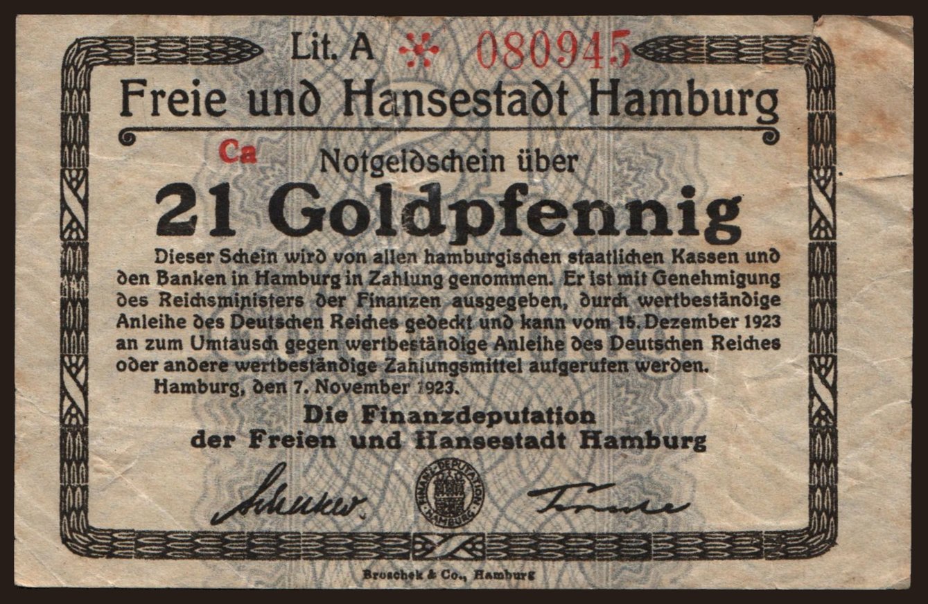 Hamburg/ Finanzdeputation der Freien Hansestadt, 21 Goldpfennig, 1923