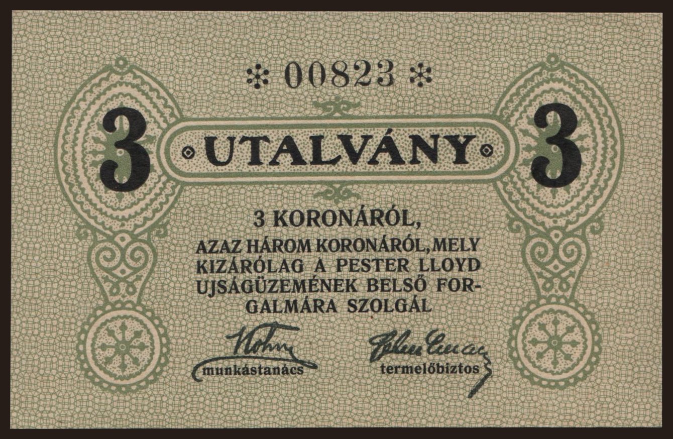 Budapest/ Pester Lloyd, 3 korona, 1919