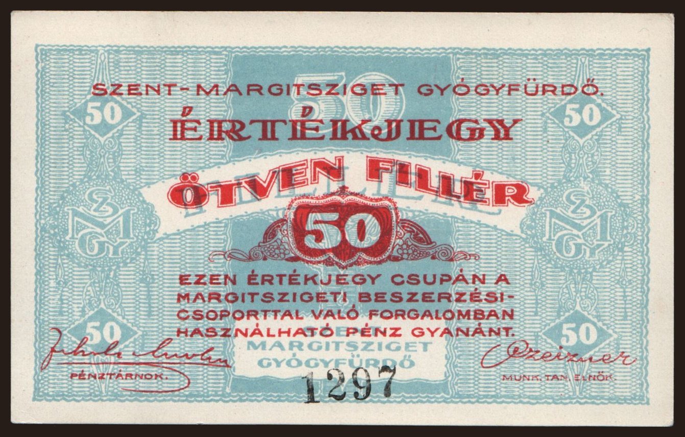 Budapest/ Szent Margitsziget Gyógyfürdő, 50 fillér, 1919