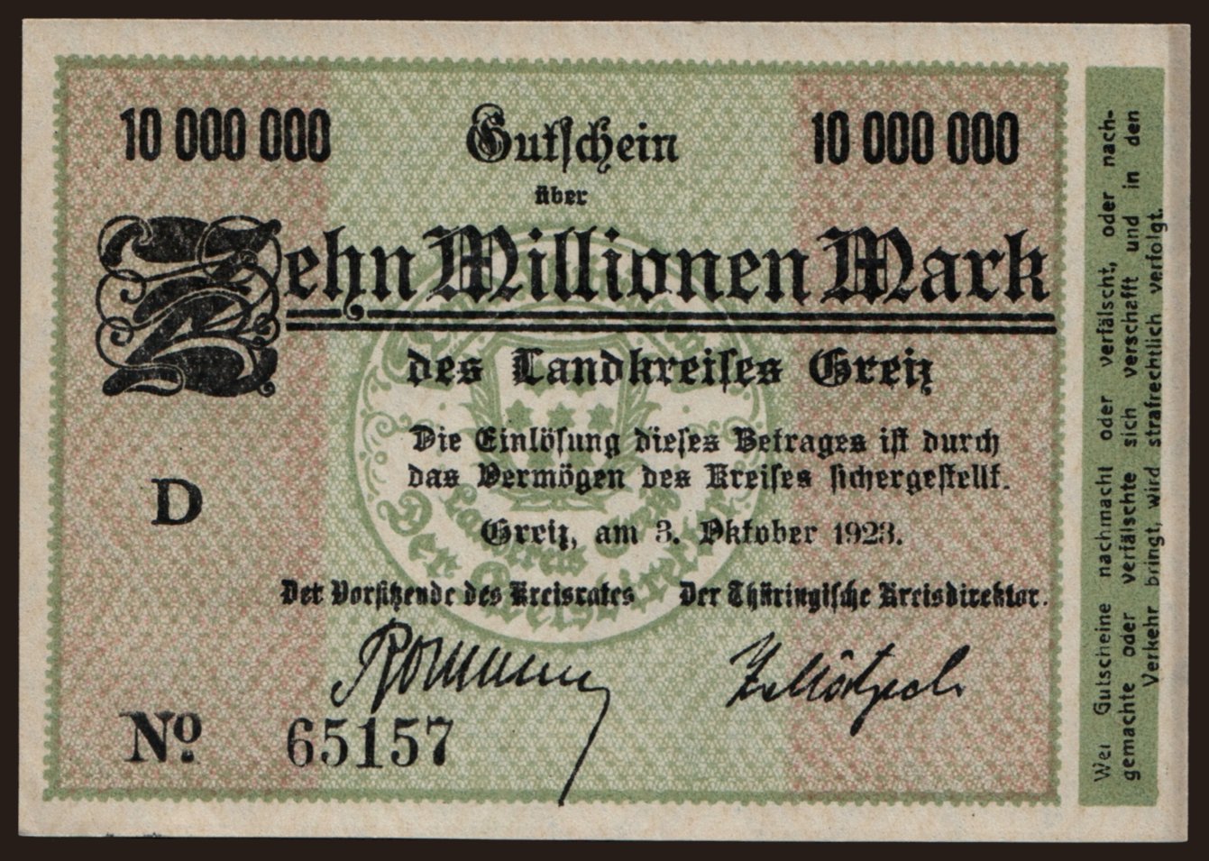 Greiz/ Landkreis, 10.000.000 Mark, 1923
