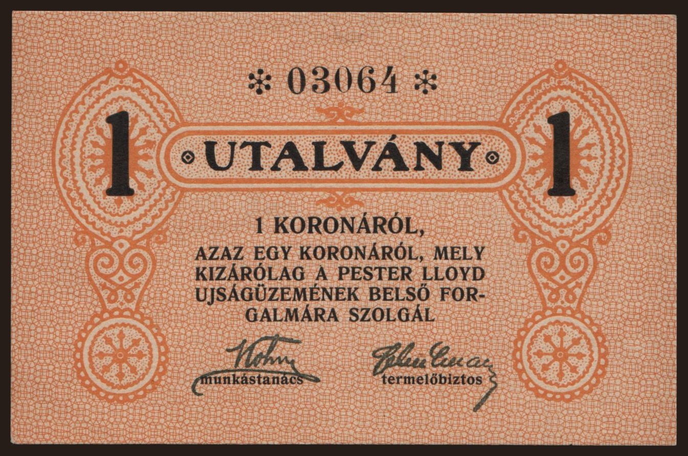 Budapest/ Pester Lloyd, 1 korona, 1919