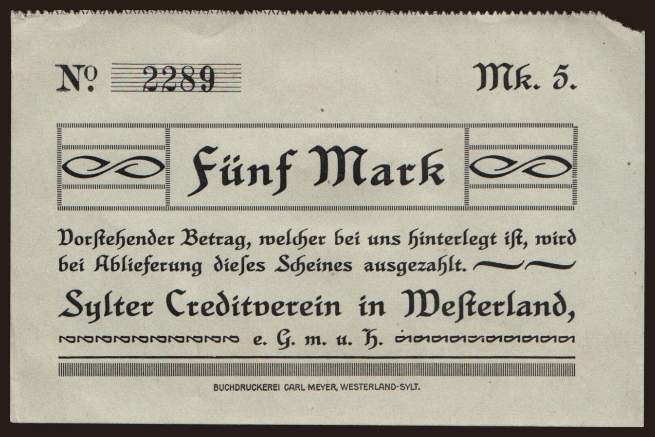 Westerland/ Sylter Creditverein, 5 Mark, 1920