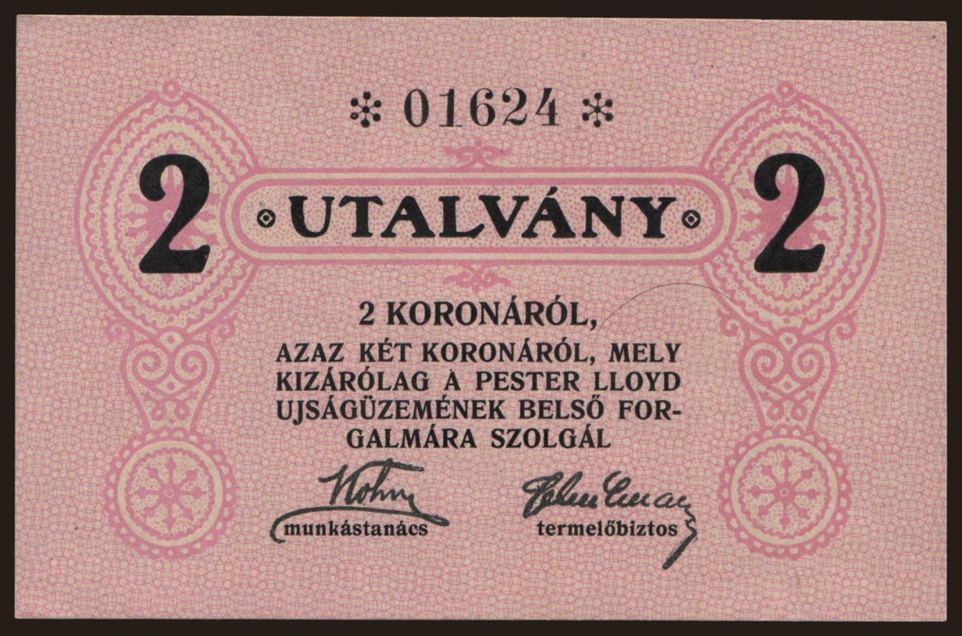 Budapest/ Pester Lloyd, 2 korona, 1919