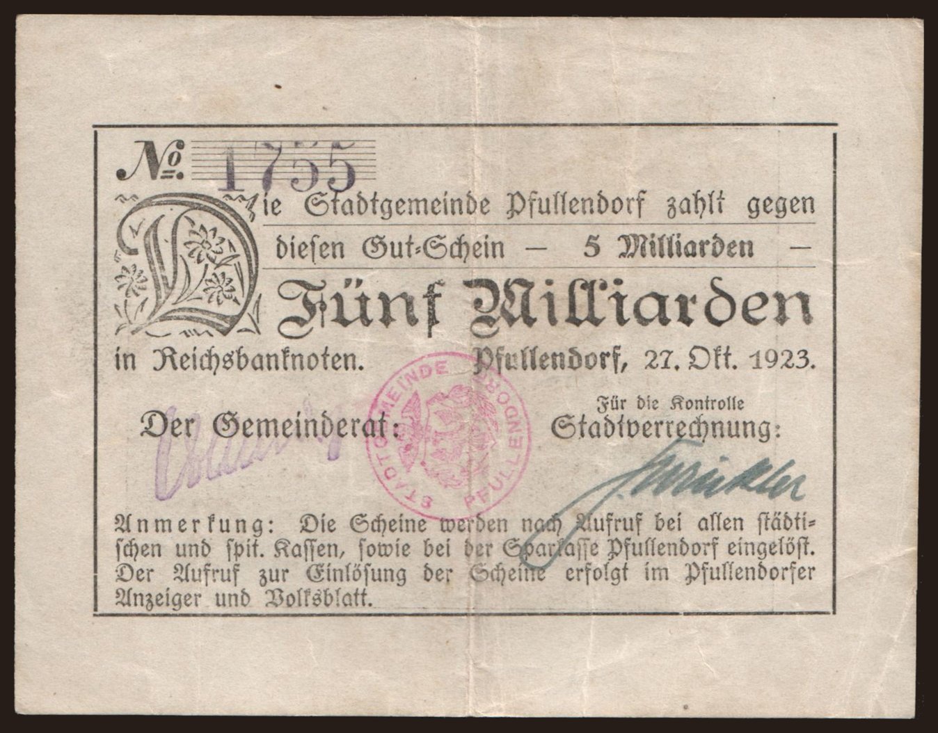 Pfullendorf/ Stadt, 5.000.000.000 Mark, 1923