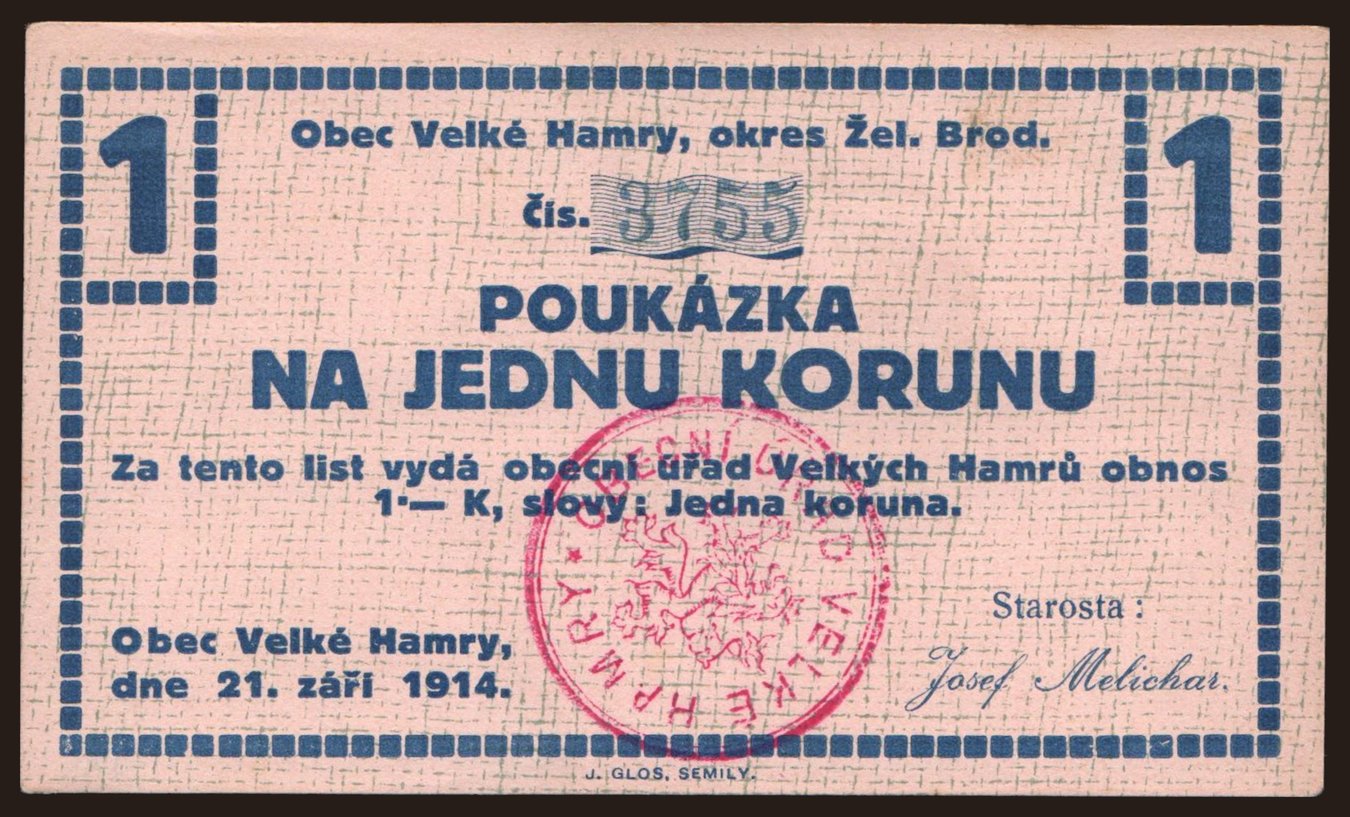 Velké Hamry, 1 koruna, 1914