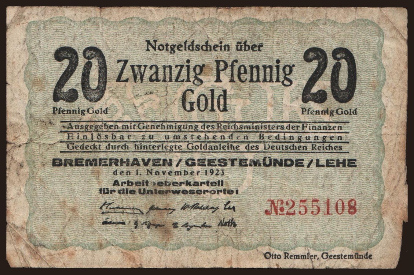 Bremerhaven/ Arbeitgeberkartell für die Unterweserorte, 20 Pfennig Gold, 1923