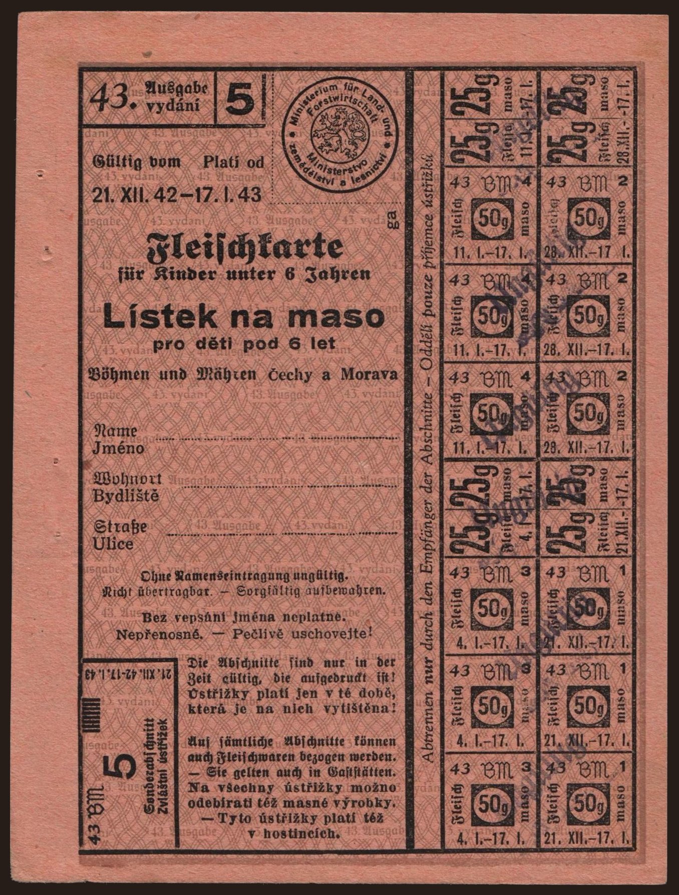 Fleischkarte für Kinder unter 6 Jahren - Lístek na maso pro děti pod 6 let, 1942