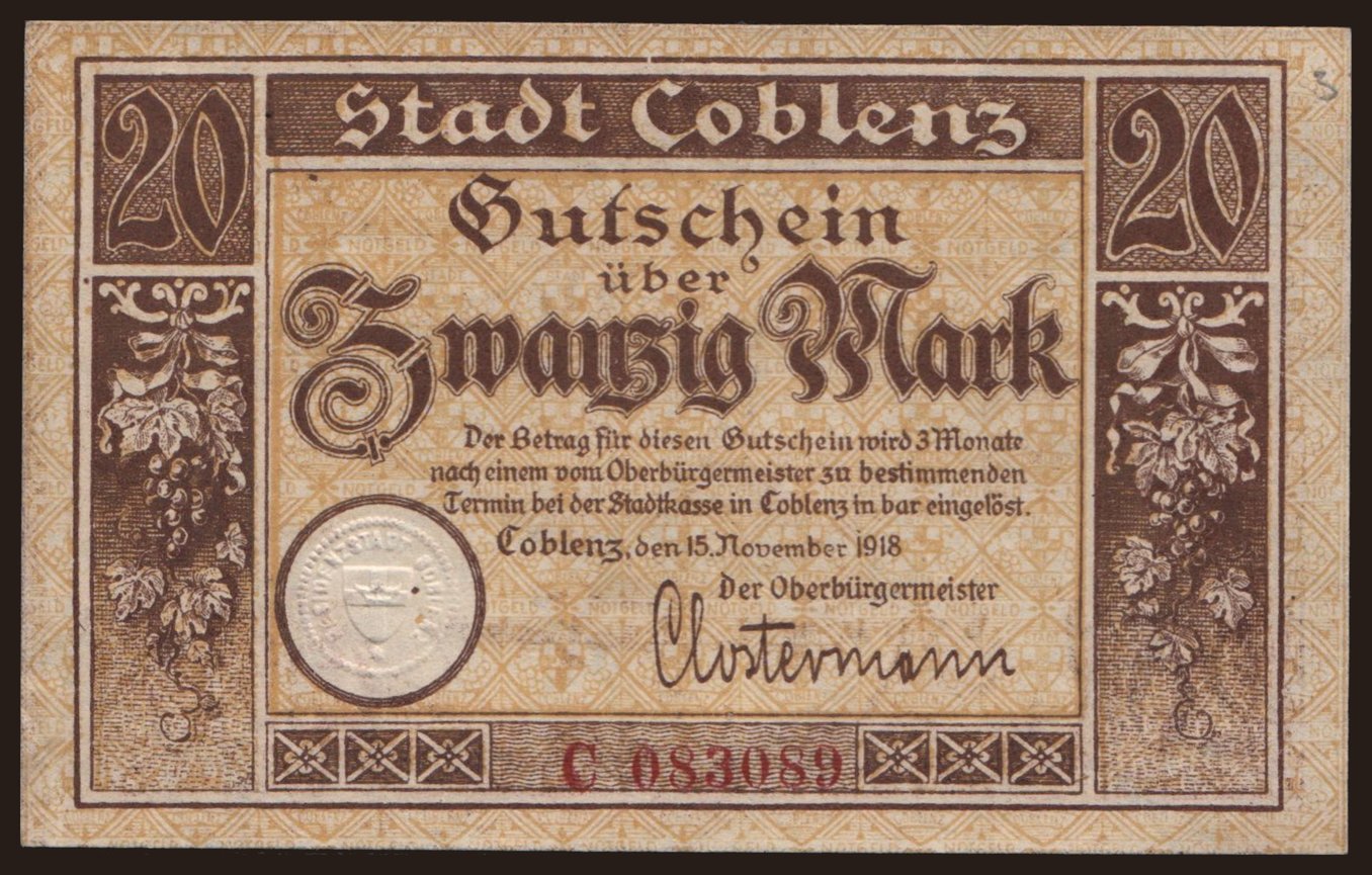 Coblenz/ Stadt, 20 Mark, 1918