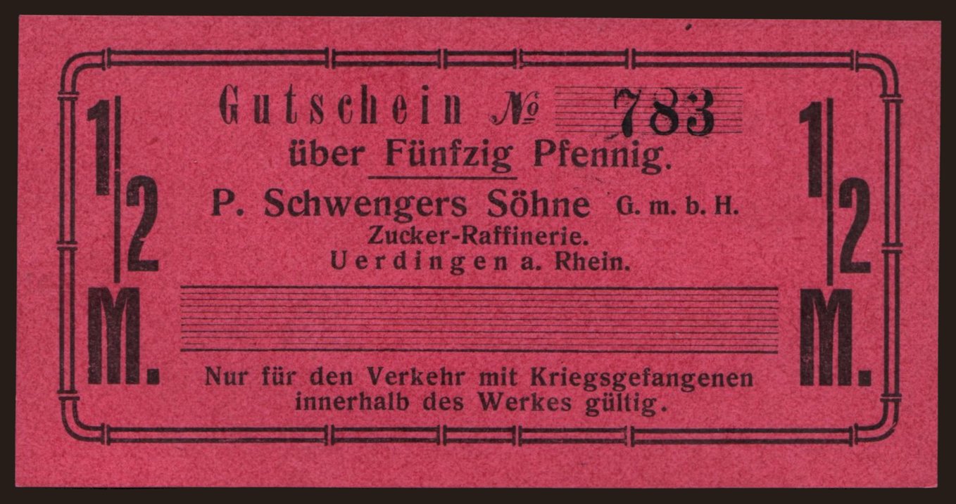 Uerdingen/ P. Schwengers Söhne GmbH, Zucker-Raffinerie, 1/2 Mark, 191?