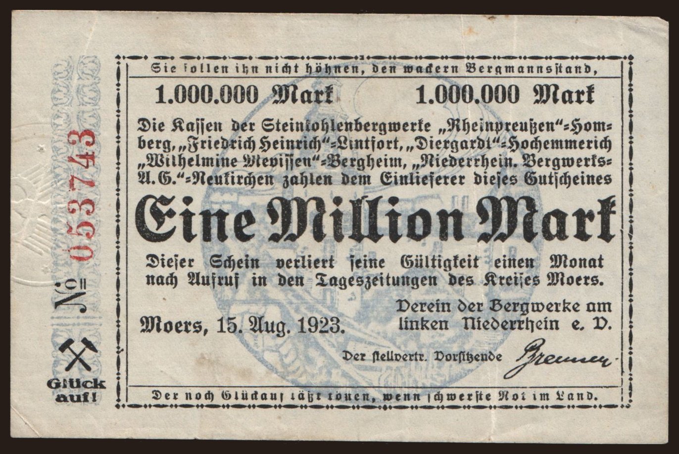 Moers/ Verein der Bergwerke am linken Niederrhein e.V., 1.000.000 Mark, 1923
