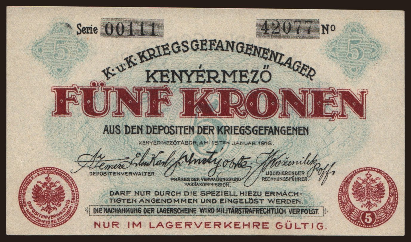 Kenyérmező, 5 Kronen, 1916