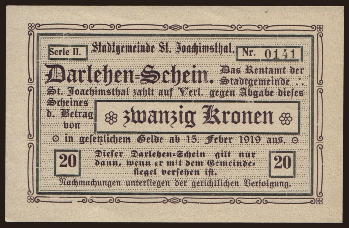 Sankt Joachimsthal, 20 Kronen, 1919