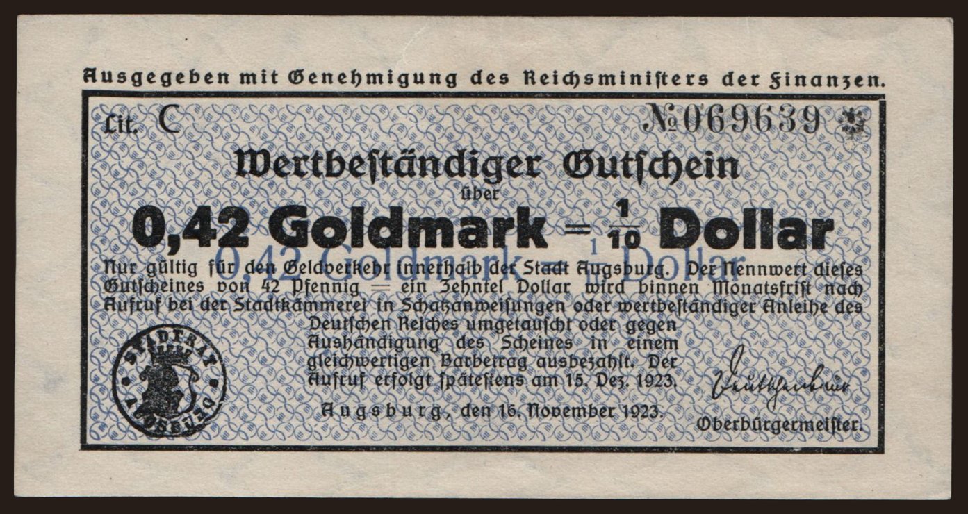 Augsburg/ Stadt, 0.42 Goldmark, 1923