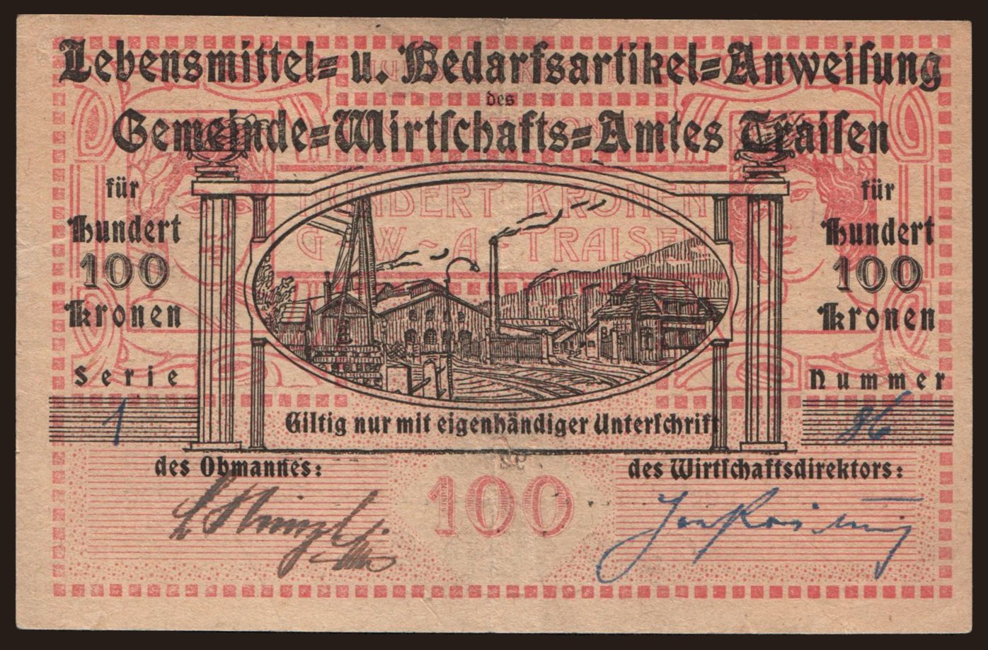 Traisen/ Gemeinde-Wirtschaftsamt, 100 Kronen, 1923