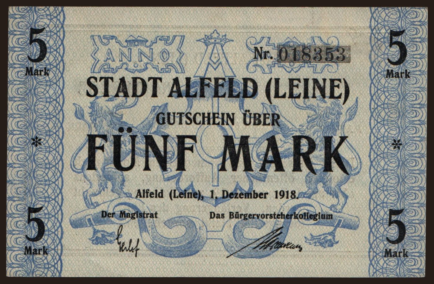 Alfeld/ Stadt, 5 Mark, 1918