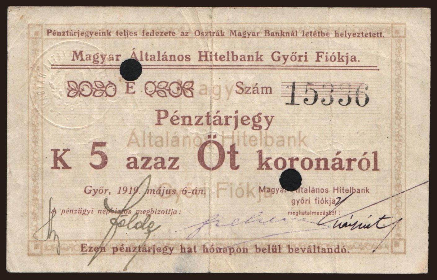 Győr/ Magyar Általános Hitelbank, 5 korona, 1919