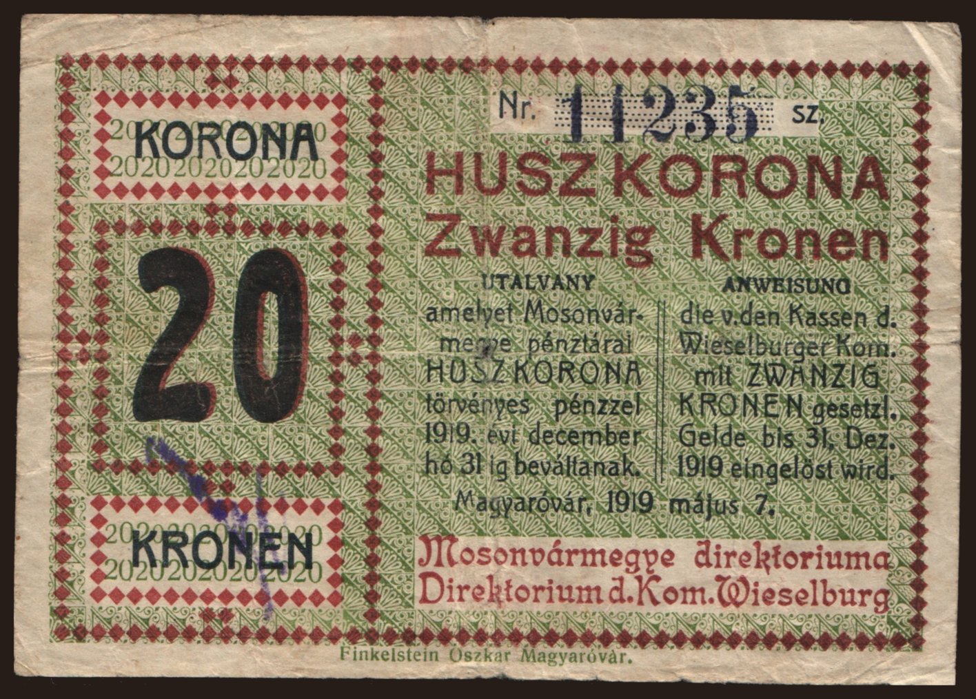 Magyaróvár/ Mosonvármegye Direktóriuma, 20 korona, 1919