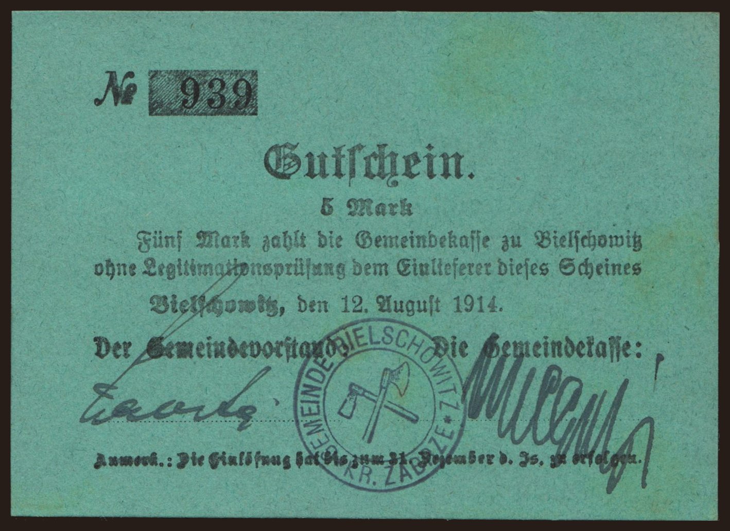Bielschowitz (Ruda Śląska)/ Gemeindekasse, 5 Mark, 1914