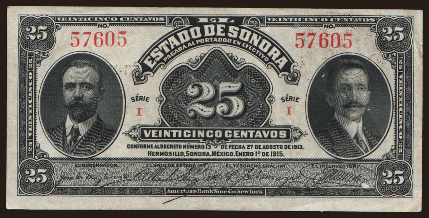 El Estado de Sonora, 25 centavos, 1915