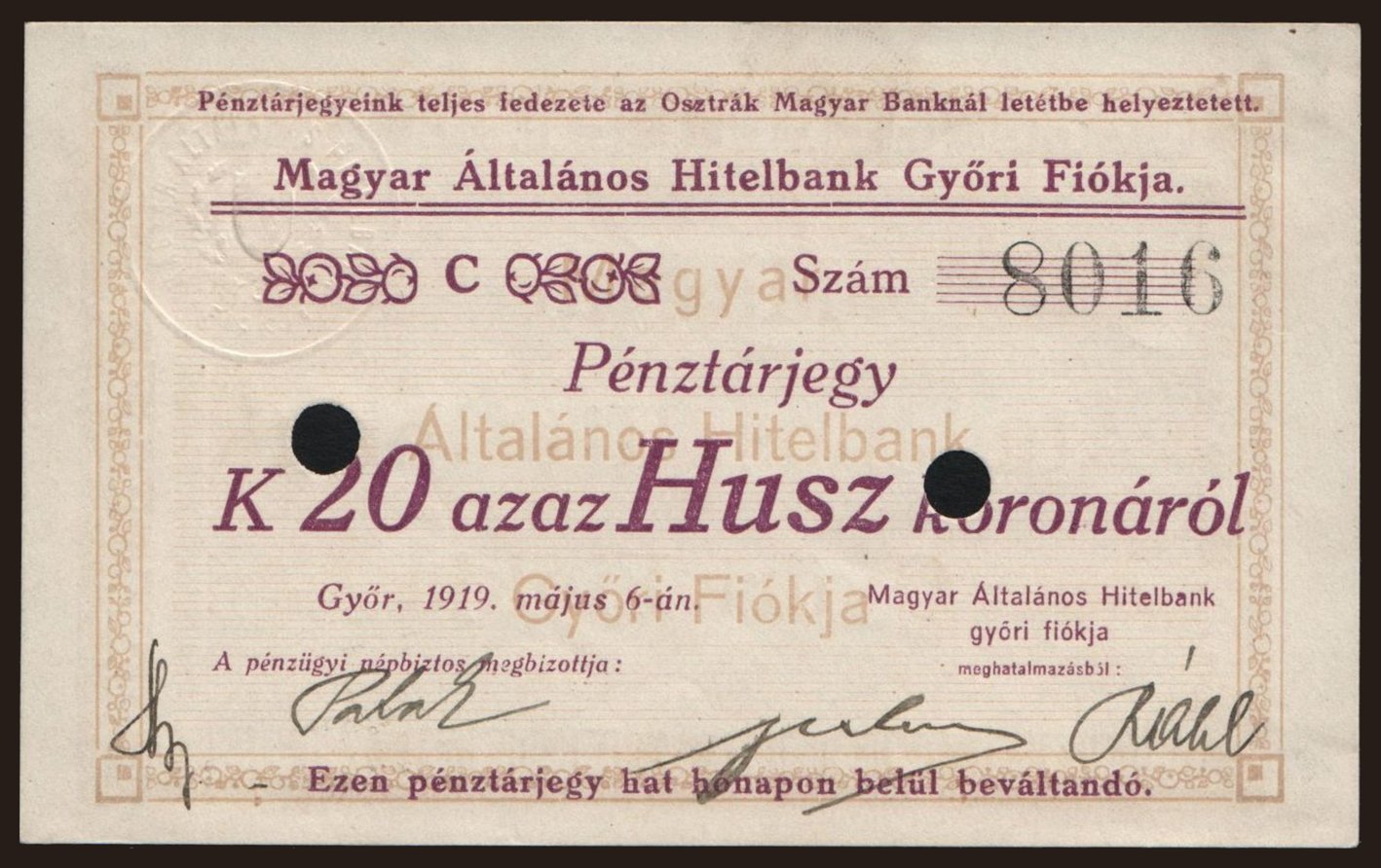 Győr/ Magyar Általános Hitelbank, 20 korona, 1919