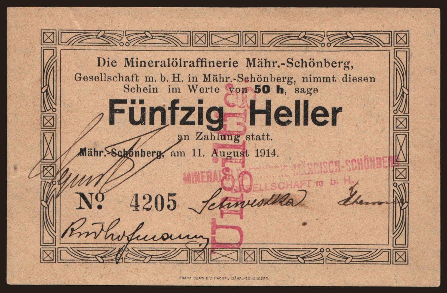 Mährische Schönberg/ Mineralölreffinerie, 50 Heller, 1914