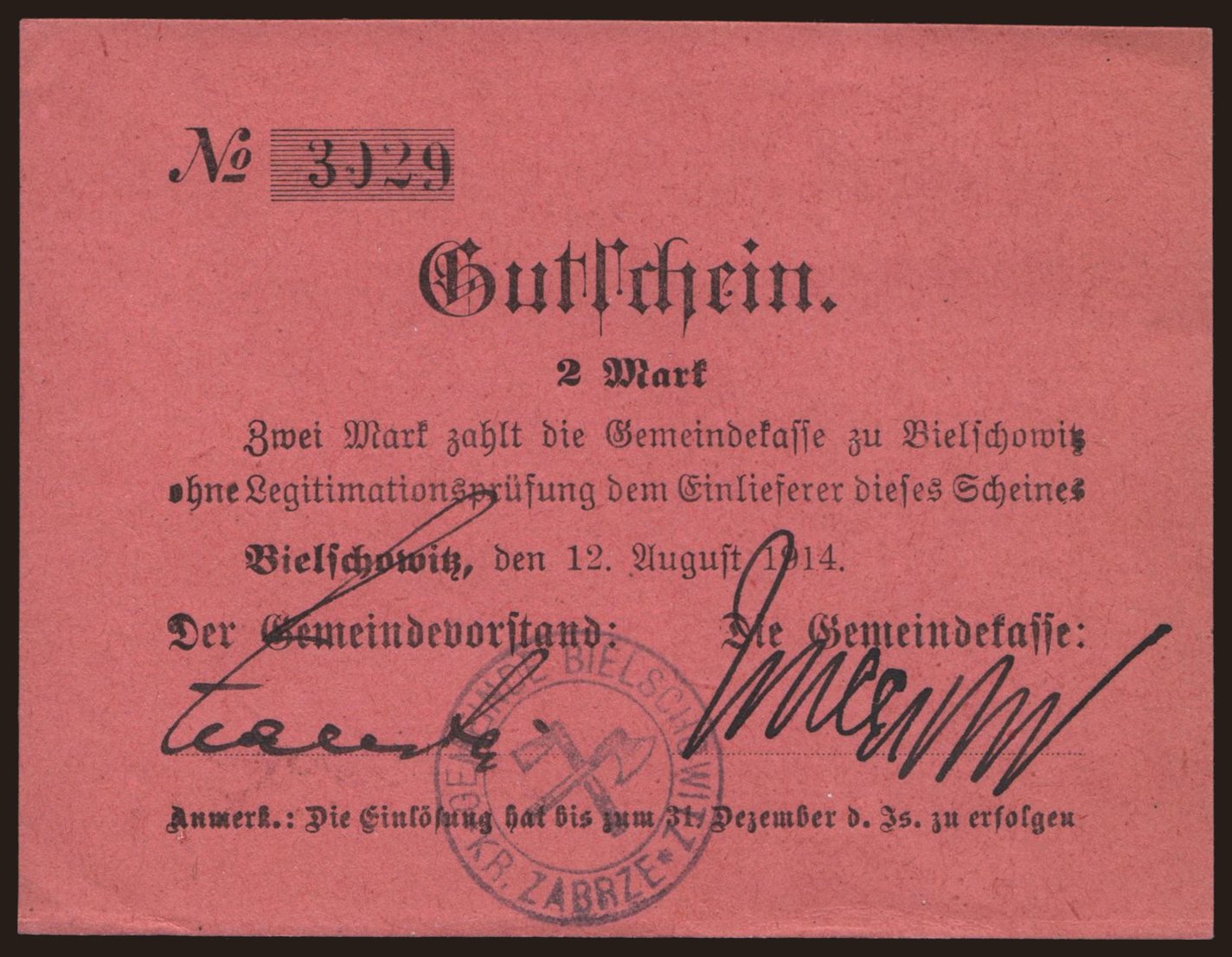 Bielschowitz (Ruda Śląska)/ Gemeindekasse, 2 Mark, 1914