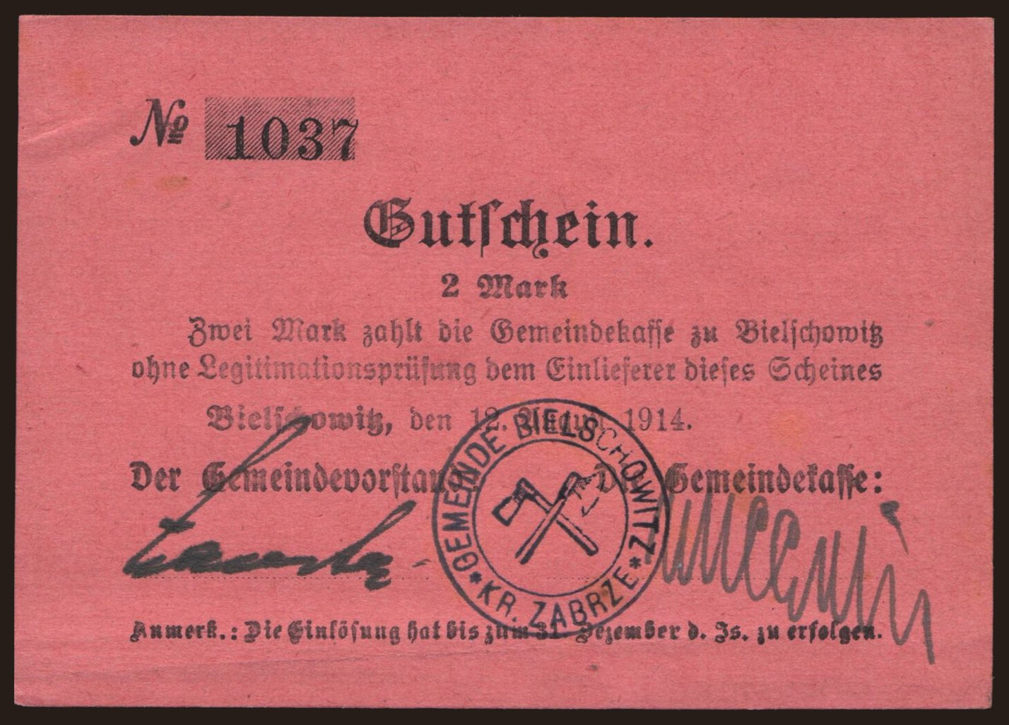 Bielschowitz (Ruda Śląska)/ Gemeindekasse, 2 Mark, 1914