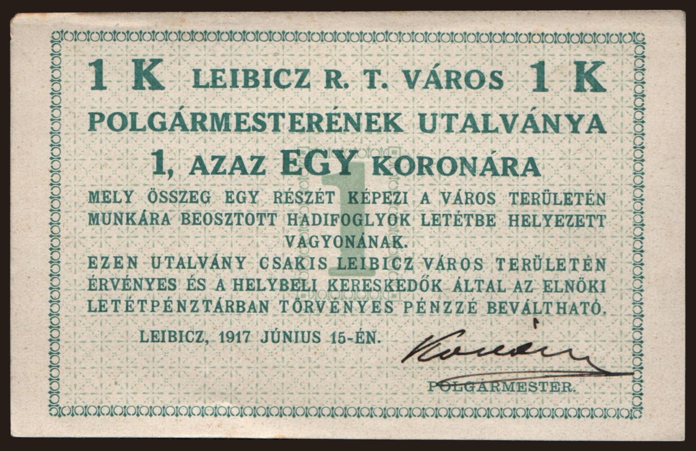 Leibicz, 1 korona, 1917