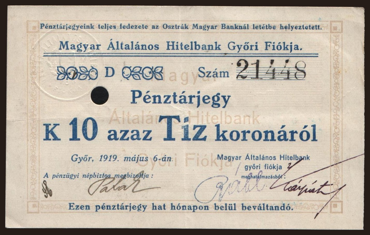 Győr/ Magyar Általános Hitelbank, 10 korona, 1919
