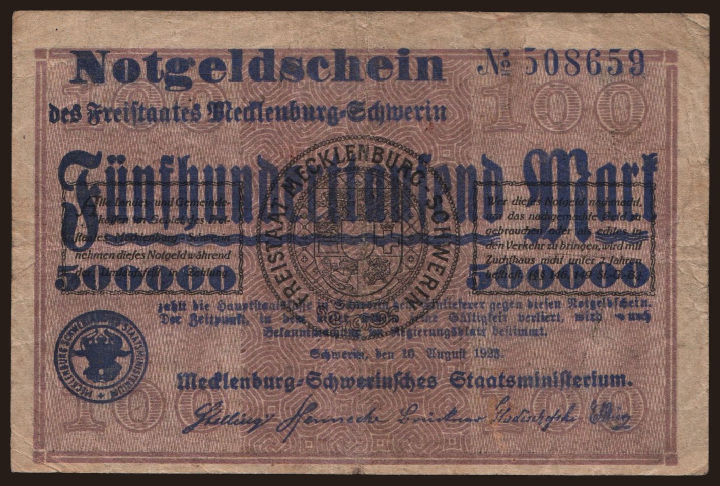 Schwerin/ Mecklenburg-Schwerinsches Staatsministerium, 500.000 Mark, 1923