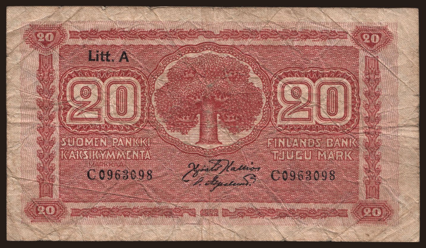 20 markkaa, 1922, Litt. A